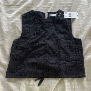 Mango Black Floral Eyelet Tie-Front Sleeveless Top
